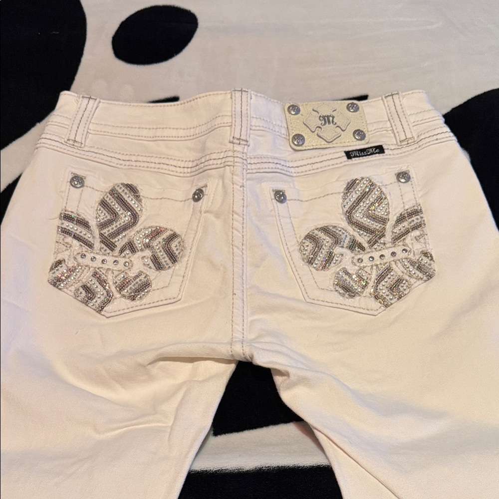Miss Me Cream Jeans with Silver Sequin Floral Pockets